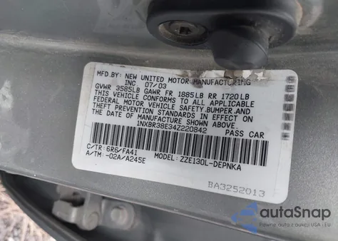 2004 Toyota Corolla Le z USA, uszkodzony, nr VIN 1NXBR38E34Z220842